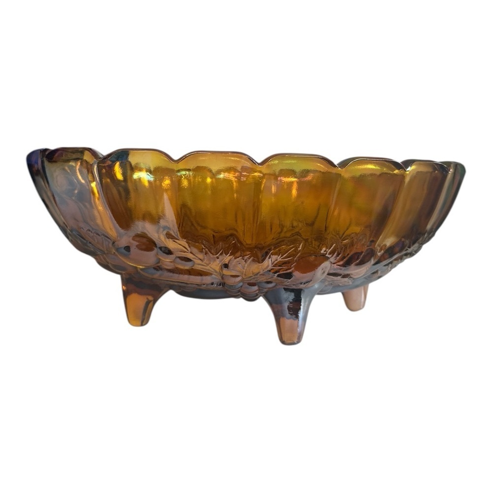 Vintage Carnival Glass Footed Oval Bowl Harvest Grape Amber Iridescent